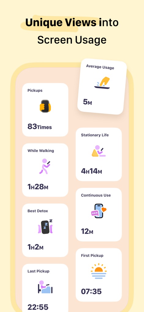 OffScreen: Screen Time Control - ピックアップ回数や歩行中の利用時間、平均利用時間といったユニークな指標を通じて、ユーザーのスクリーン利用習慣の詳細な分析を提供します。