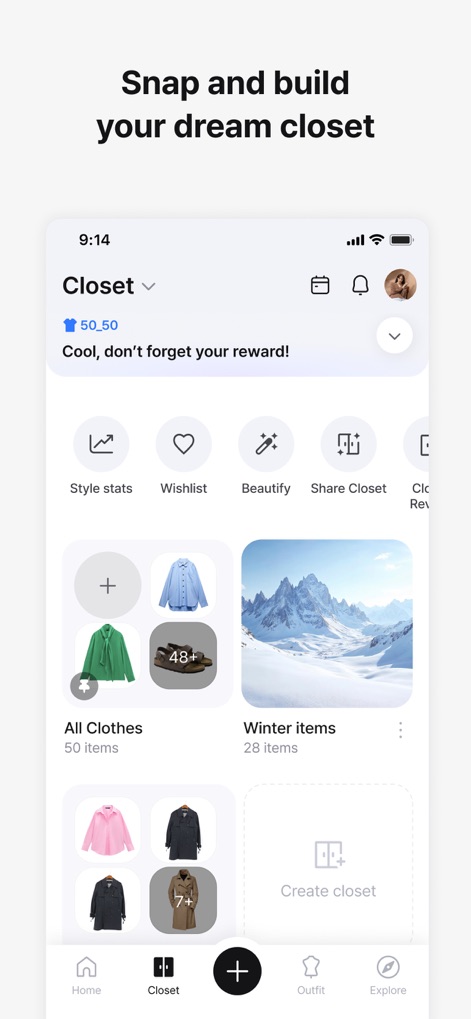 Acloset - AI Fashion Assistant - Witness the organized "Closet" interface, where users can view "All Clothes" categories and track style statistics with ease.