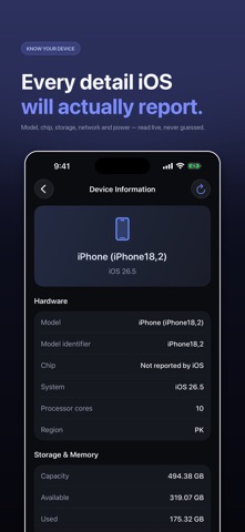 Device information screen with iPhone diagnostic details