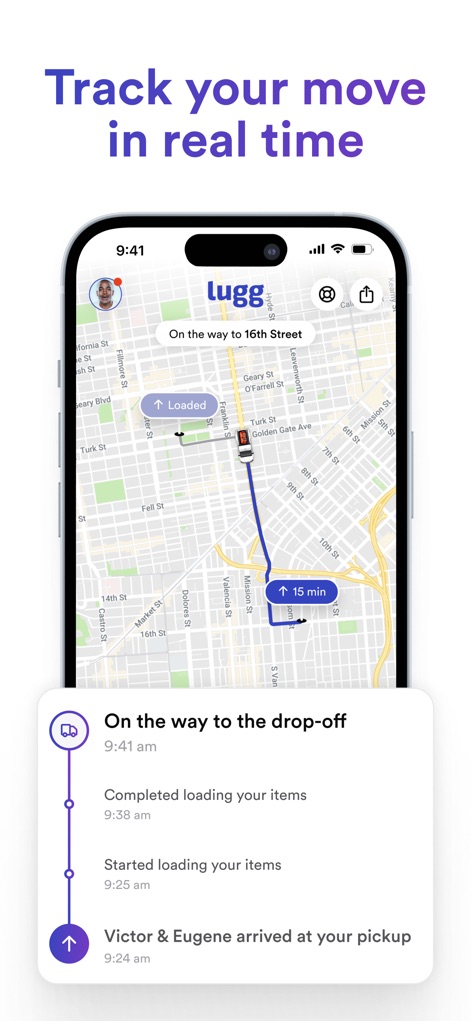 Lugg - Moving & Delivery - La aplicación ofrece seguimiento en tiempo real del progreso del servicio, mostrando la ubicación actual en el mapa con un indicador de "Loaded" y una línea de tiempo cronológica que detalla cada etapa, desde la llegada de los Luggers hasta el camino al destino final.