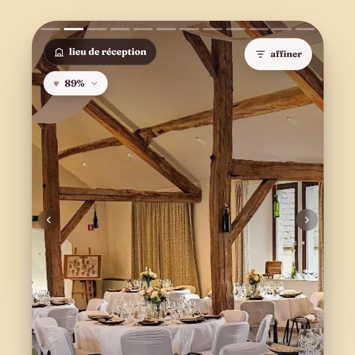 Fonction Le Match de l'application WEWED affichant un lieu de réception belge avec 89 pour cent de correspondance