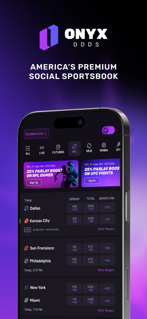 Onyx - Sports Picks - The app presents comprehensive live game odds, including Spread and Moneyline, alongside intuitive navigation tabs for various sports leagues.
