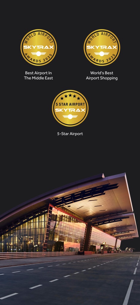 HIA Qatar - This screen proudly showcases HIA's recognition through prestigious 'Skytrax Awards', notably for being a '5-Star Airport' and having the 'World's Best Airport Shopping'.