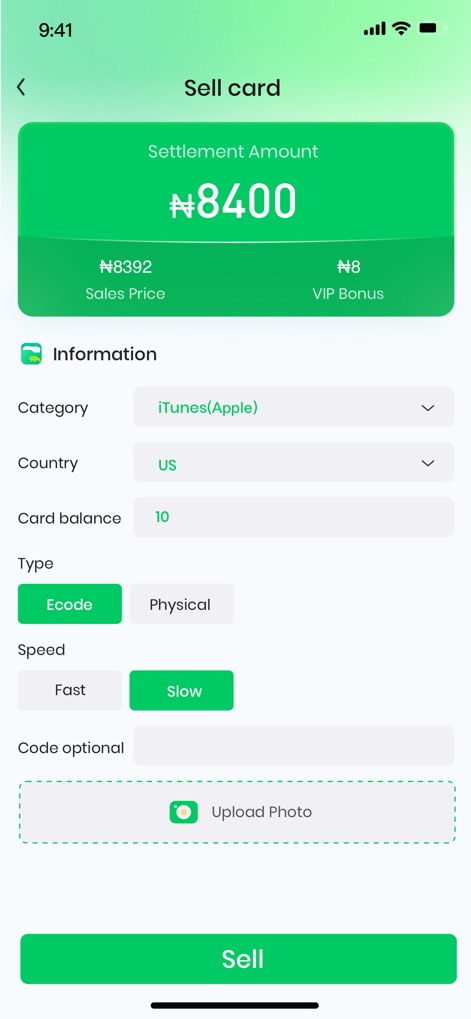 CardBrother - Sell Gift Cards - See how the app streamlines the selling process by clearly displaying the settlement amount and offering flexible options for card type and speed.