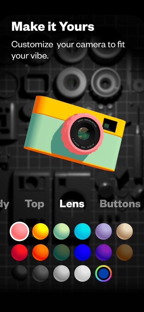 (Not Boring) Camera - Users can personalize the camera's appearance by customizing the lens and body colors, creating a unique tool that fits their style.