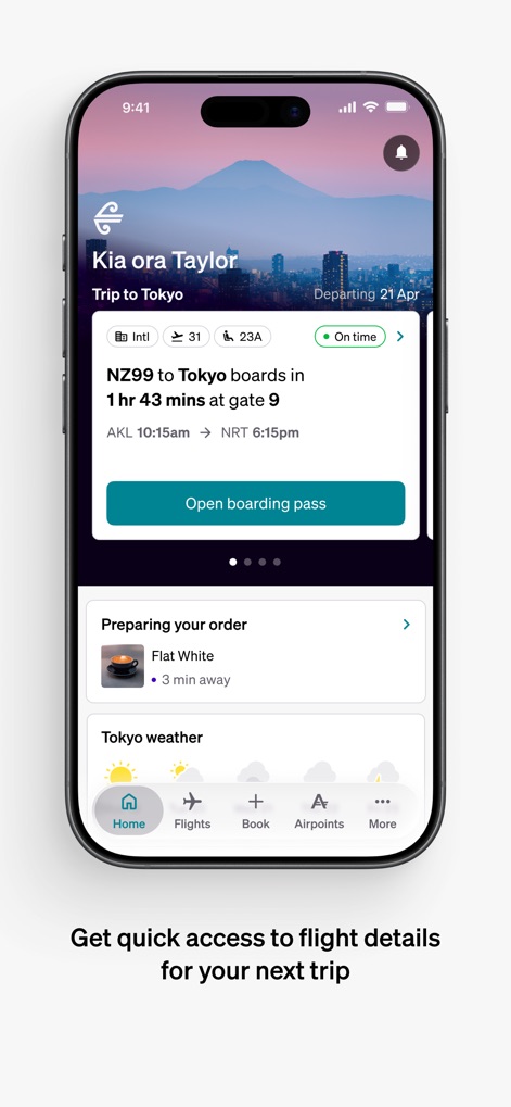 Air NZ - See how the app displays critical flight details like gate information and provides real-time updates for coffee orders.