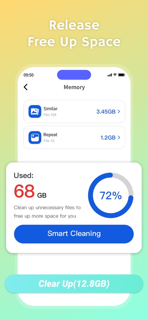 Clean up: AI Storage Cleaner - Cet outil présente une répartition claire de l'espace utilisé avec un graphique en secteurs, et identifie les fichiers similaires pour une 'Smart Cleaning' efficace.