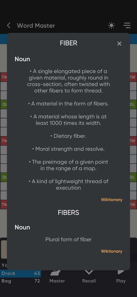 Word Master - Classic - Users can access instant word definitions via a detailed pop-up, directly sourcing from Wiktionary to enhance vocabulary.