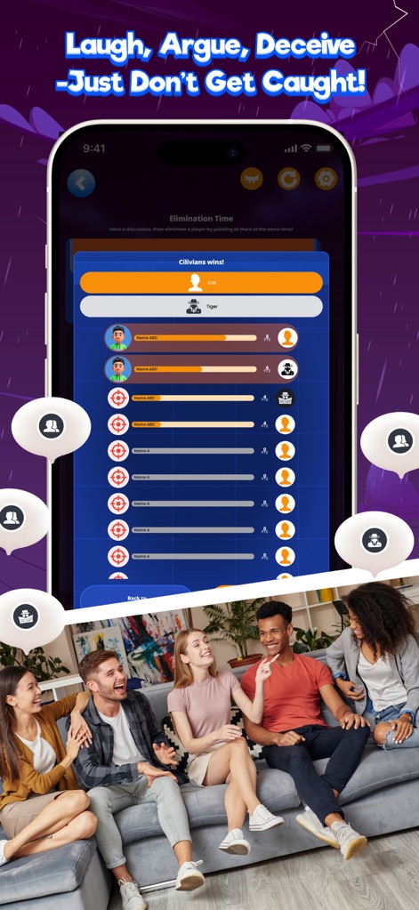 Uncover Lies: Imposter Game - The app presents the final "Elimination Time" results, displaying individual player outcomes and the conclusive "Civilians wins!" declaration.