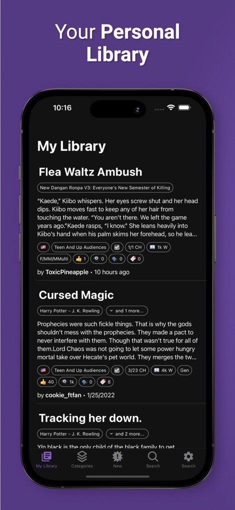 FanFiction | AO3 unofficial - Esta vista muestra una colección de historias guardadas, permitiendo a los usuarios organizar su contenido con títulos claros y fragmentos descriptivos, junto con un elegante tema oscuro que facilita la lectura.