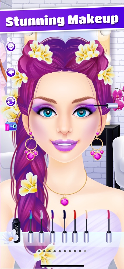 Wedding Makeover: Salon Games - This tool allows for detailed makeup application, demonstrated by the precise mascara application and a selection of colorful mascara wands.