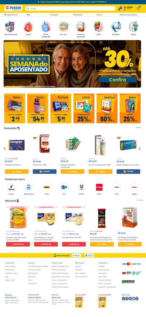 Farmácias Nissei - Die Desktop-Homepage bietet eine umfassende Übersicht über aktuelle Aktionen, wie das Wochenangebot für Rentner, und präsentiert eine Vielzahl von Produktkategorien und speziellen Rabatten.