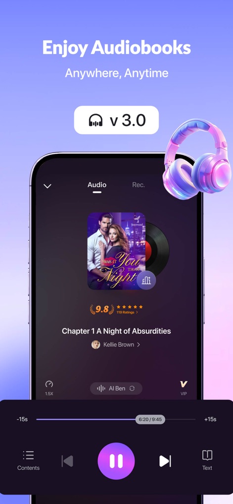 JoyRead-Enjoy Novels & Shorts - Experience audio storytelling with the intuitive audiobook player interface, complete with play/pause controls and easy switching between audio and text views.
