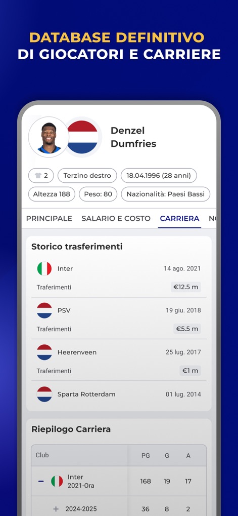 Inter Live - News & Matches - Hier wird ein umfassendes Spielerprofil, zum Beispiel von 'Denzel Dumfries', präsentiert, das seine Transferhistorie detailliert auflistet und eine Zusammenfassung seiner gesamten Karrierestatistiken bietet.