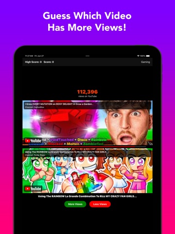 Video Views Higher Lower Game iPad screenshot