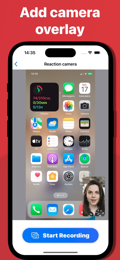 Screen Recorder Voice & Video - Users can personalize their content with a dynamic face camera overlay, showcasing reactions and insights directly on the screen, ready for activation via the prominent 'Start Recording' button.