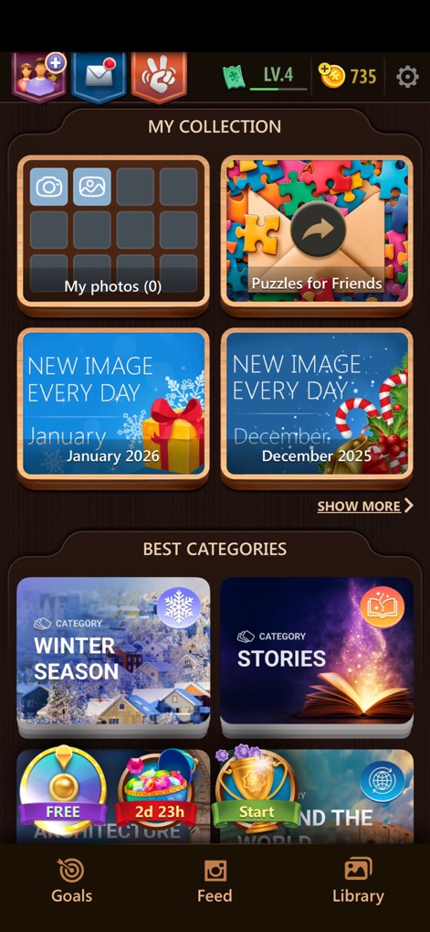 Magic Jigsaw Puzzles－Games HD - A interface apresenta seções como "Minhas fotos", onde é possível criar quebra-cabeças personalizados, e a funcionalidade "Nova Imagem Todo Dia", que oferece conteúdo atualizado regularmente.
