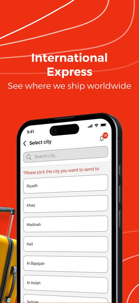 My RedBox - The 'International Express' service allows users to select from a comprehensive list of cities like 'Riyadh' for seamless worldwide parcel delivery.