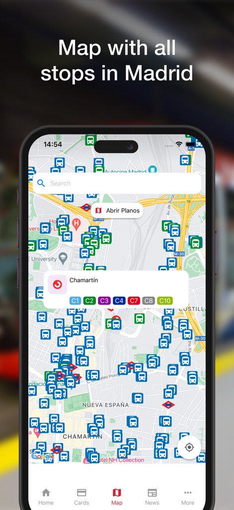 Madrid Transport - TTP - This interactive map displays all transport stops across Madrid, enabling users to locate specific metro lines and bus icons with ease.