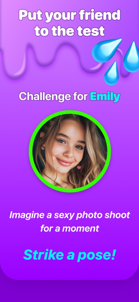 Party Lab: Exposed Game - Cet outil propose des défis audacieux comme "Strike a pose!" (le texte visible à l'écran), ciblant spécifiquement un joueur comme Emily (indiqué par "Challenge for Emily") pour une interaction hilarante et personnalisée.