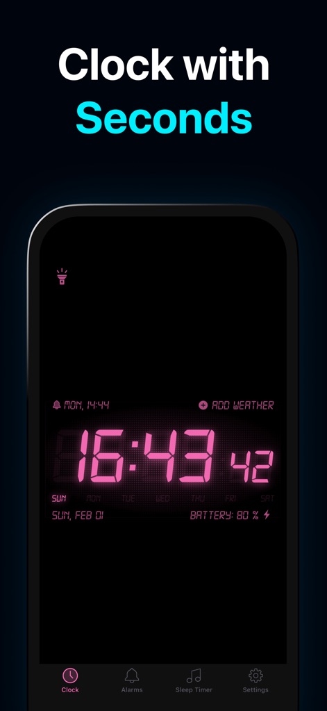 Alarm Clock HD - La aplicación ofrece un reloj digital vibrante que muestra los segundos con una pantalla en tonos rosados, lo que permite un seguimiento del tiempo muy preciso.