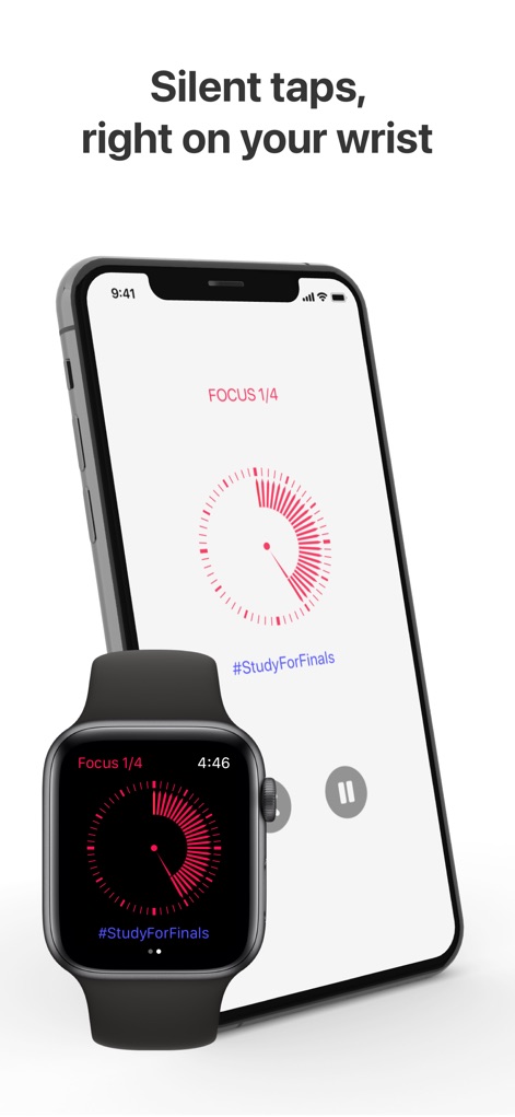 Silo: Focus & Study Timer - Apple WatchとiPhoneの両方で、現在のフォーカスセッションの進捗状況を円形のプログレスバーと「FOCUS 1/4」という現在のサイクルを示すテキストで確認できます。
