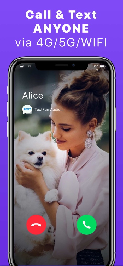 Text App: Wifi Calling+Texting - The app presents a familiar incoming call interface with clear contact identification and distinct answer/decline buttons, ensuring users can connect effortlessly across various networks.