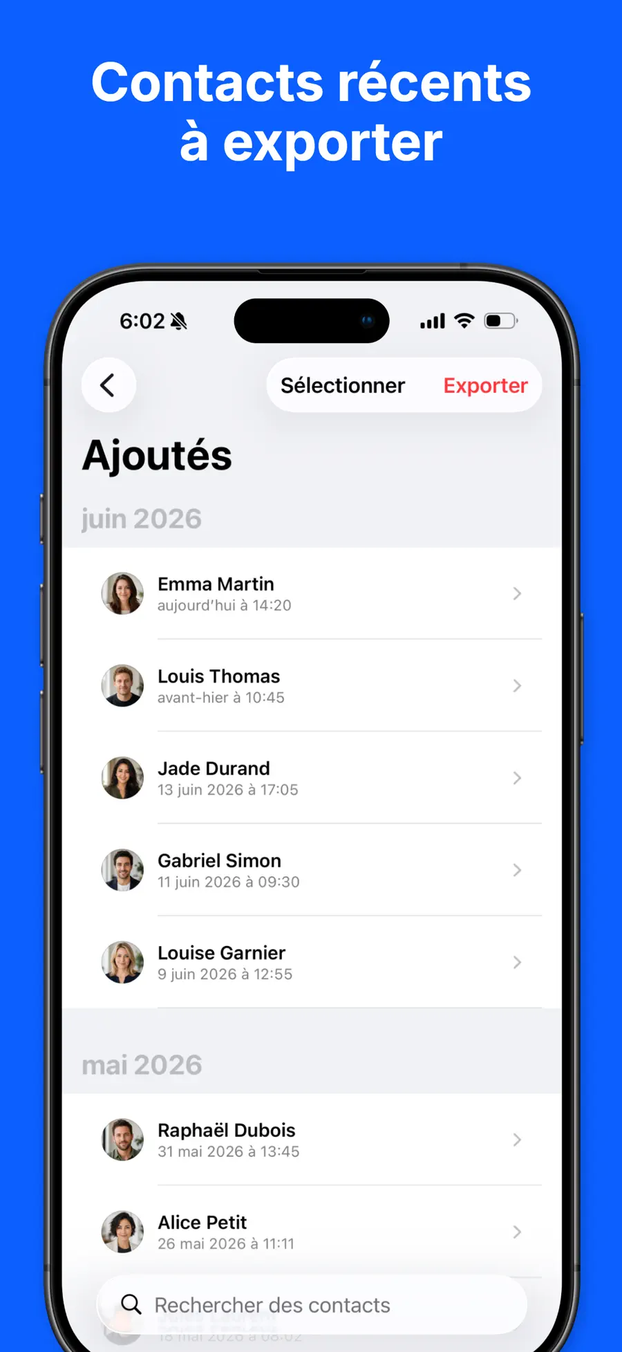 Contacts Backup & Transfer sur iPhone avec les contacts prêts à être exportés vers Excel, CSV, PDF ou vCard (4/6)