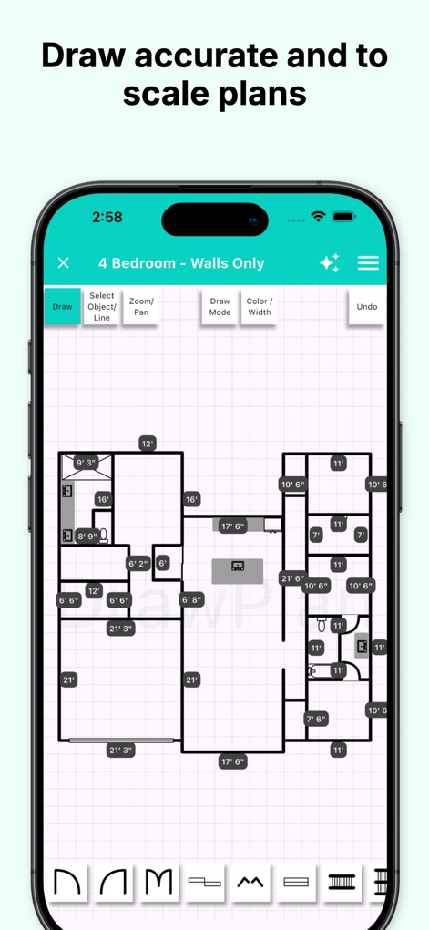 DrawPlan - The app allows for the creation of precise, to-scale floor plans, where every wall segment displays its exact dimensional measurement.