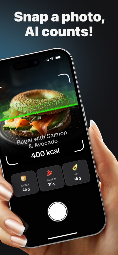 Calz - Calorie Counter AI - Les utilisateurs découvrent comment la reconnaissance alimentaire par IA identifie instantanément les plats comme le 'Bagel with Salmon & Avocado' et fournit un détail précis de 400 kcal et des macronutriments.