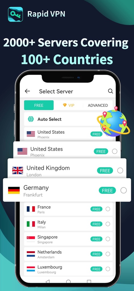 Rapid VPN - Safe & Fast Proxy - The app presents its broad reach through an extensive server list and clear country flags, demonstrating access to a global network.