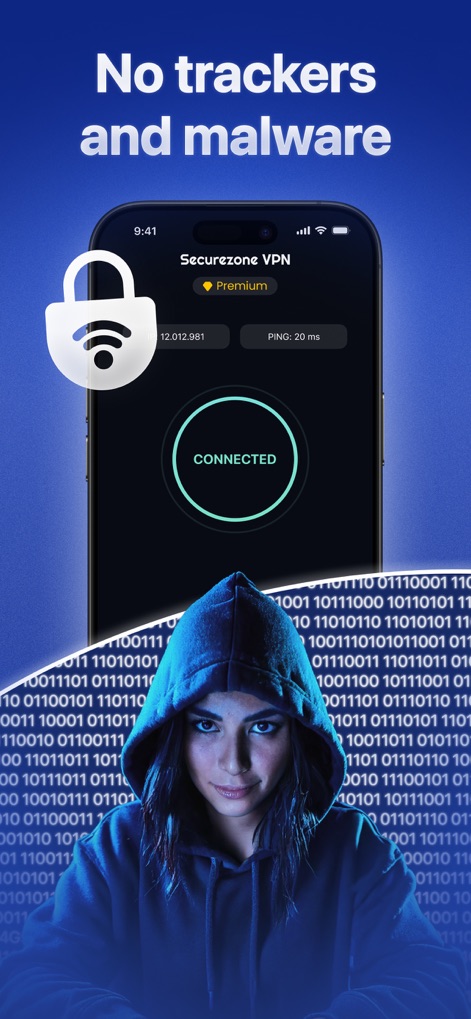 VPN Super Fast Securezone Best - Esta captura realça a segurança contra ameaças com um ícone de cadeado e Wi-Fi, e a imagem de um usuário com capuz, enfatizando a proteção contra "trackers e malware".