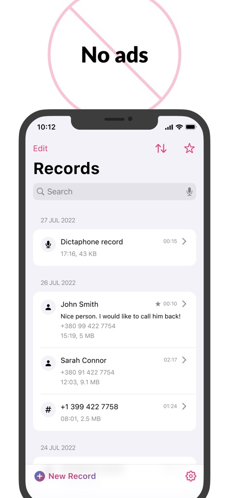 Call Recorder - Cube ACR - Enjoy an uninterrupted user experience, clearly indicated by the "No ads" symbol and a clean "Records" list interface.