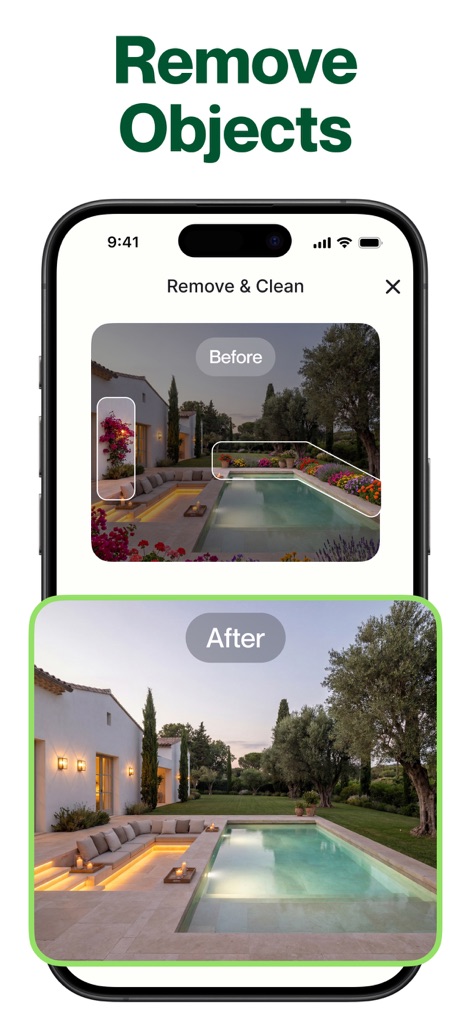 AI Garden Design: Landscape AI - This tool offers an intuitive object removal feature, allowing users to effortlessly clear unwanted elements from their landscape and instantly see a visual 'Before' and 'After' comparison.