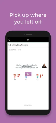 Modal Math published mobile screenshot: addition story problem