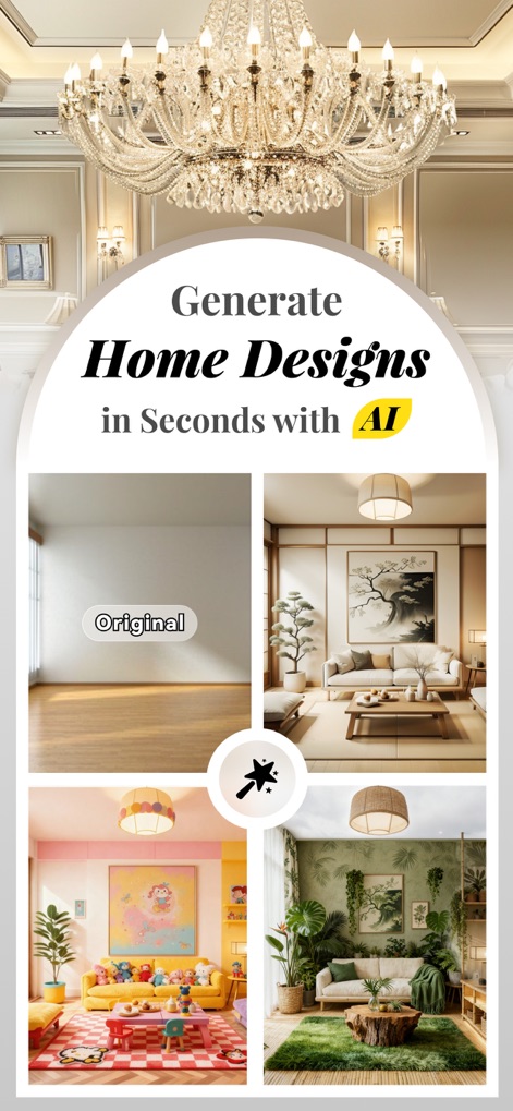 AI Home Design: Interior DecAI - Dieser Screenshot demonstriert die Transformation eines "leeren Raumes" in unterschiedliche Stile, wie ein "japanisch inspiriertes" Wohnzimmer oder ein "farbenfrohes" Kinderzimmer.