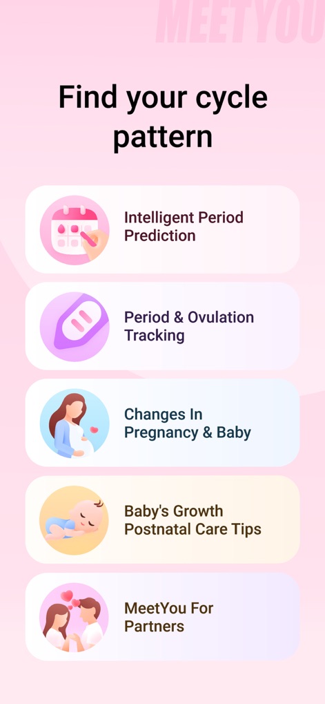 MeetYou - Period Tracker - Esta tela de introdução destaca a 'Previsão Inteligente de Período' e o 'Acompanhamento do Período e Ovulação', oferecendo uma visão abrangente das funcionalidades principais do aplicativo.