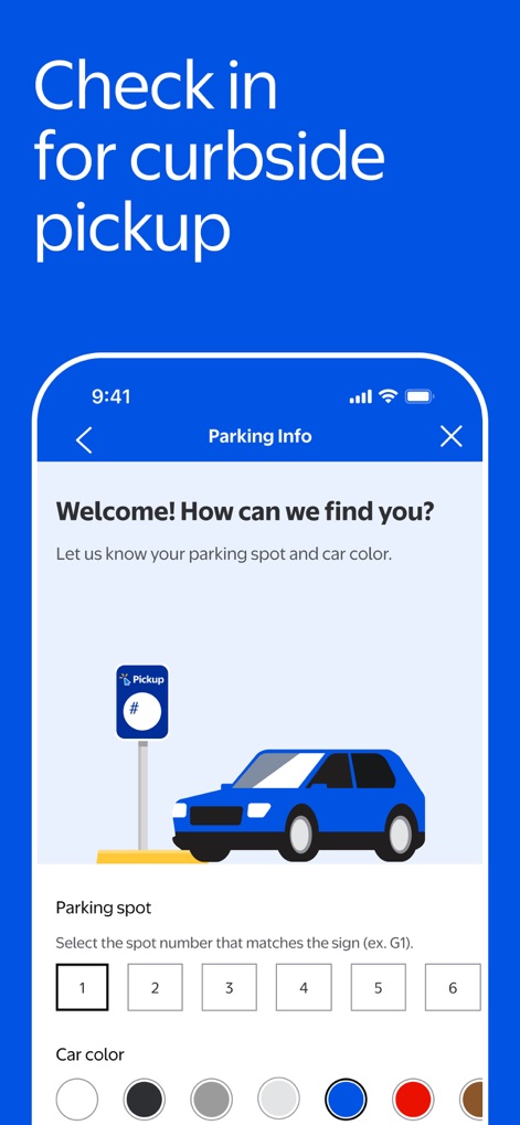 Walmart: Shopping & Savings - The app facilitates seamless curbside check-in, allowing users to specify their parking spot number and car color for quick service.