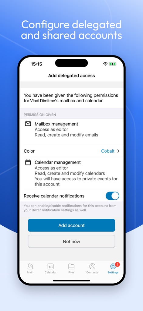Boxer - Workspace ONE - L'app consente la configurazione dell'accesso delegato per la gestione della casella di posta e offre la possibilità di impostare permessi specifici per il calendario condiviso.