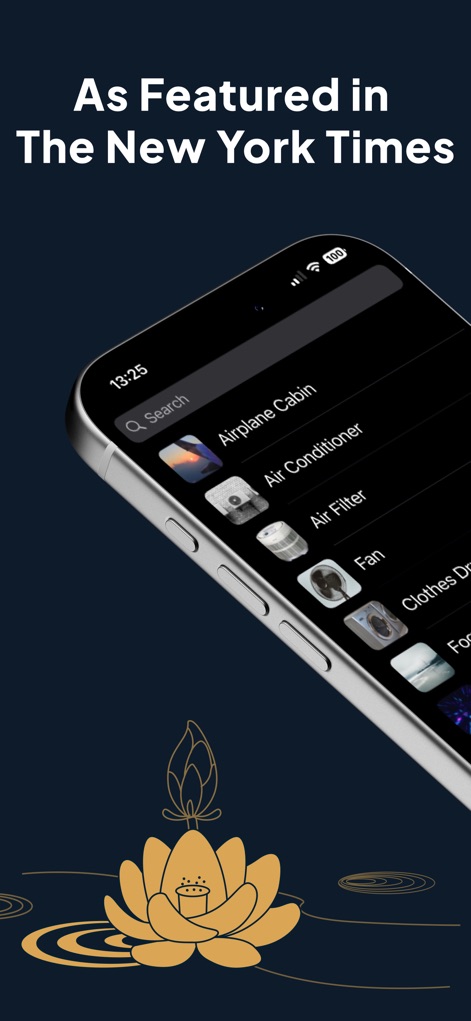 White Noise Deep Sleep Sounds - La interfaz de búsqueda permite a los usuarios acceder a una vasta librería de sonidos, como "Airplane Cabin" y "Air Filter", mostrando la facilidad para encontrar ambientes específicos.