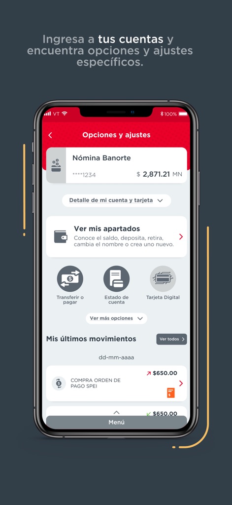 Banorte Movil - Al seleccionar una cuenta, la aplicación ofrece opciones detalladas como 'Ver mis apartados' y 'Estado de Cuentas', complementado por la sección de 'Mis últimos movimientos' que muestra transacciones recientes para un monitoreo exhaustivo.