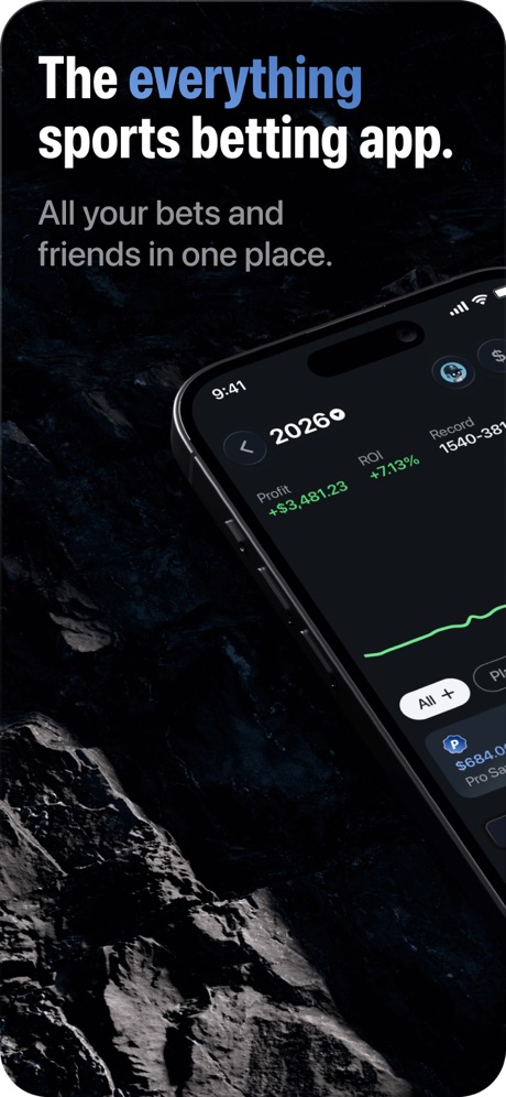 Pikkit: Sports Betting Tracker App Store screenshot 1, headline “The everything sports betting app.”. Phone cut off at the head.