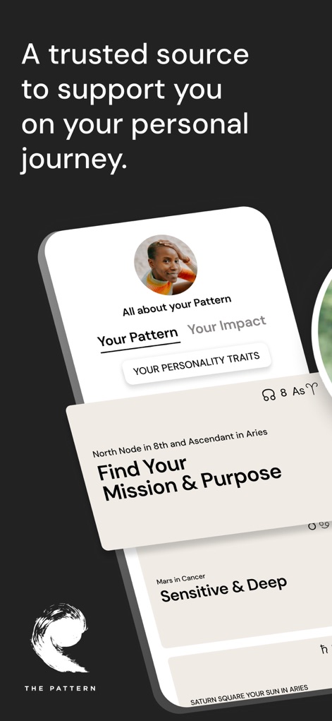 The Pattern: Astrology - この画面では、「Your Pattern」タブでユーザーの個性に関する洞察を提供し、「Find Your Mission & Purpose」カードで特定の天体配置に基づいた人生の目的を提示します。