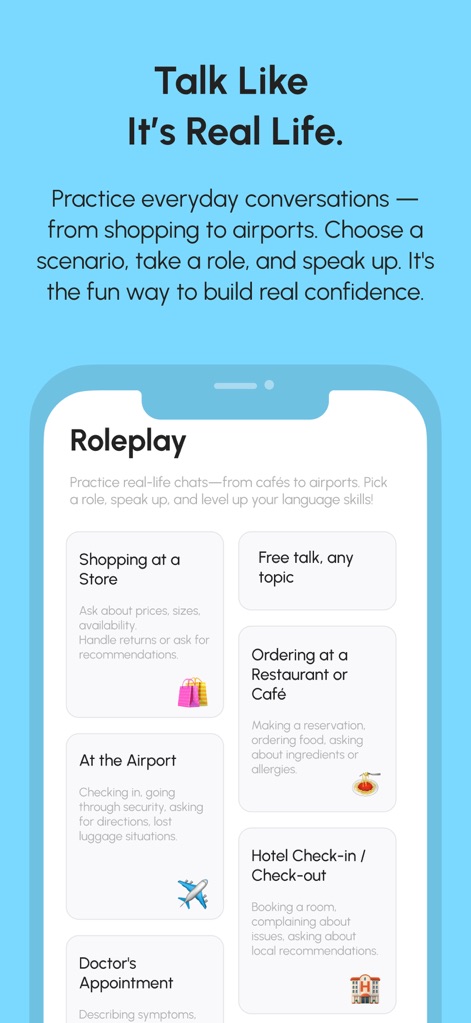 LingoChatAI: Speak Confidently - Esta herramienta ofrece una sección de "Roleplay" para practicar conversaciones cotidianas. Se observan opciones como "Shopping at a Store" y "At the Airport", permitiendo a los usuarios elegir situaciones auténticas.