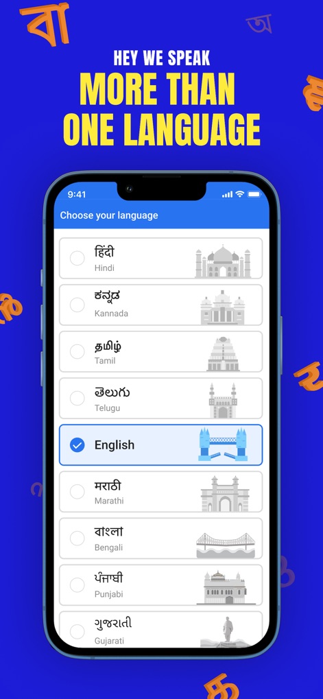 Flipkart - Online Shopping App - Die App bietet eine intuitive Sprachauswahl, die Nutzern ermöglicht, aus zahlreichen indischen Sprachen zu wählen, visualisiert durch die zugehörigen ikonischen Wahrzeichen.