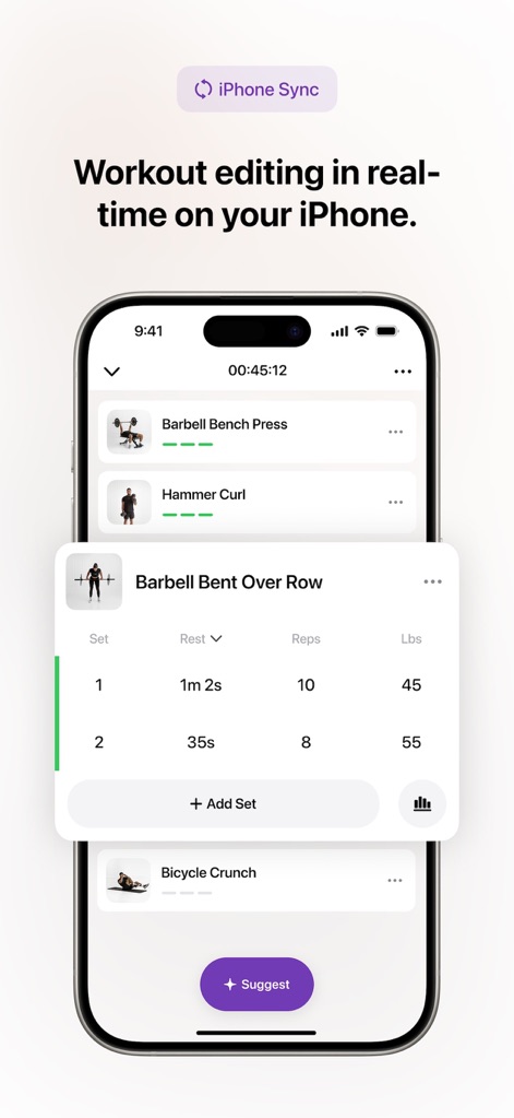 Motra AI Workout Fitness Coach - Explore the convenience of real-time workout editing on the iPhone, facilitated by the 'iPhone Sync' functionality and detailed set modification options.
