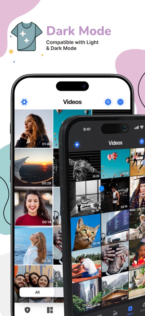 Gallery - Photo Vault - Users can enjoy seamless video playback within a dedicated 'Videos' section, fully compatible with a sleek Dark Mode for comfortable viewing in any lighting condition.