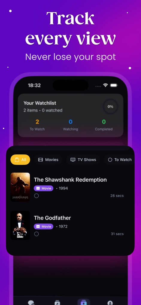 PipeCalc AI: Movie & TV Picks - 視聴予定、視聴中、完了済みの作品数を表示するウォッチリストと、個々の作品の進捗状況が示されています。