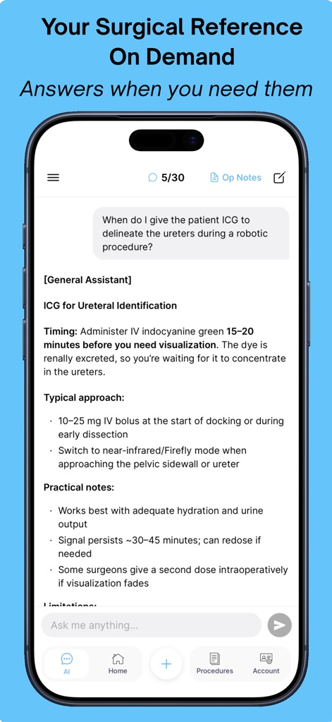 UNIRA - 사용자는 요관 식별을 위한 ICG 타이밍과 같은 특정 시술 질문에 대한 임상 참조 정보를 얻을 수 있으며, 이는 투여 시기와 전형적인 접근 방식을 상세히 안내합니다.
