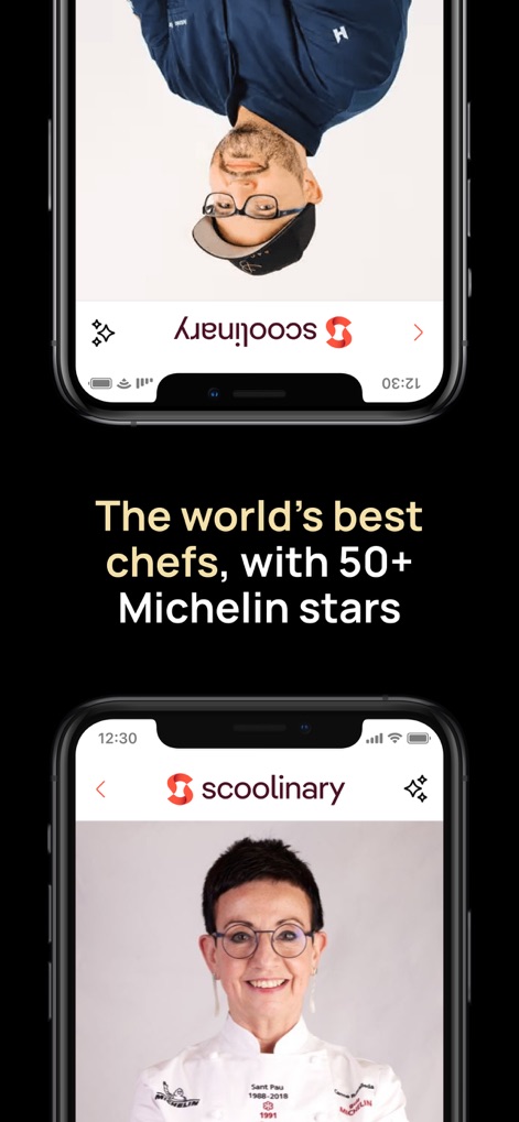 Scoolinary: Cook Online - Meet the industry's top culinary experts, showcasing individual chef profiles and their prestigious Michelin star accolades within the app.